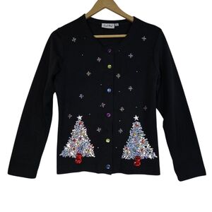 Coral Bay Women's Sz S Black bedazzled Holiday Lightweight Cardigan